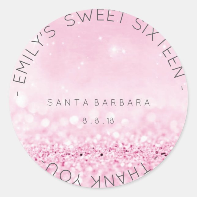 Sweet Sixteen Diamond Pink Rose Sparkly Glitter Classic Round Sticker (Front)