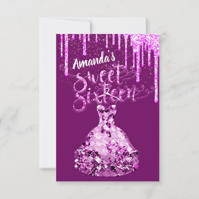 Sweet Sixteen Dress Glitter Drip Pink Drips Berry Invitation (Back)