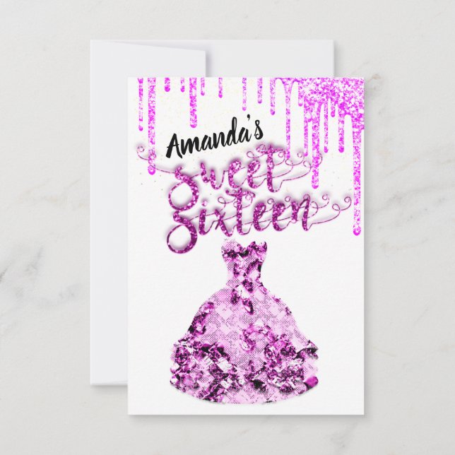 Sweet Sixteen Dress Glitter Drip Pink Drips Berry  Invitation (Back)