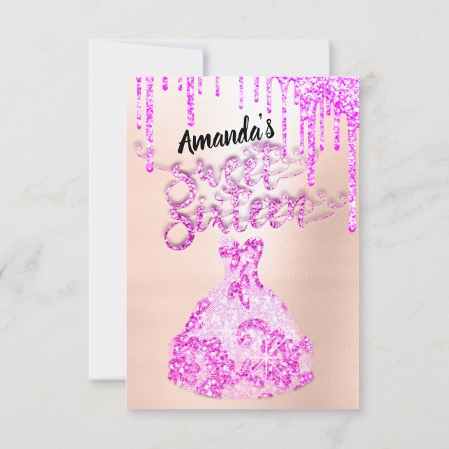 Sweet Sixteen Dress Glitter Drip Pink Drips Powder Invitation (Back)
