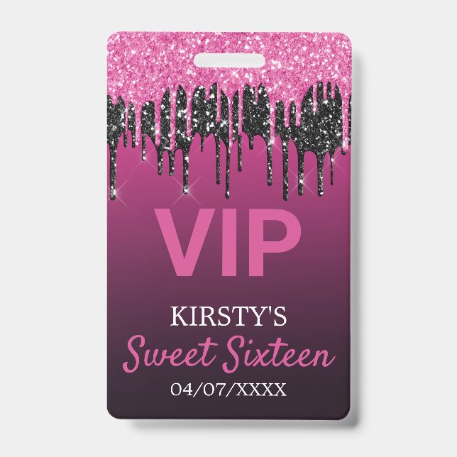 Sweet Sixteen Dripping Glitter Birthday Party ID Badge (Front)