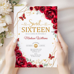 Sweet Sixteen Elegant Chic Red Roses Gold Invitation