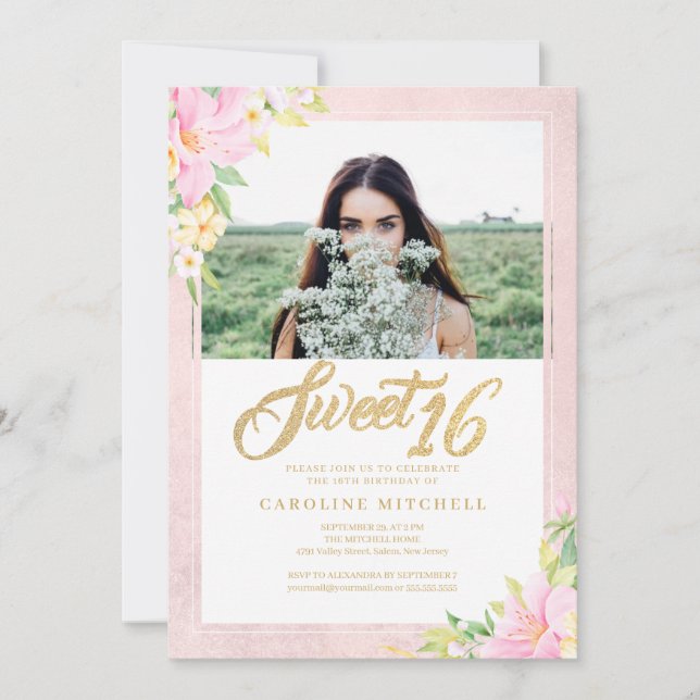 Sweet Sixteen Elegant Floral Blush Pink Photo Invitation (Front)