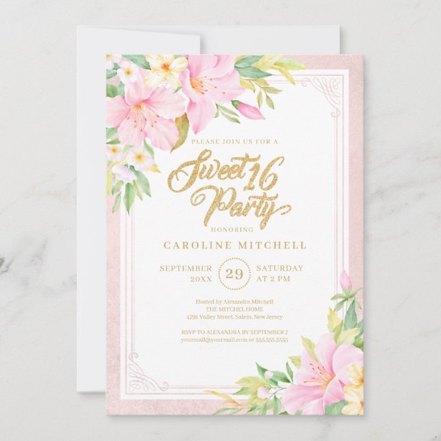 Sweet Sixteen Elegant Floral Watercolor Blush Pink Invitation (Front)