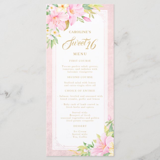 Sweet Sixteen Elegant Floral Watercolor Blush Pink Menu (Front)