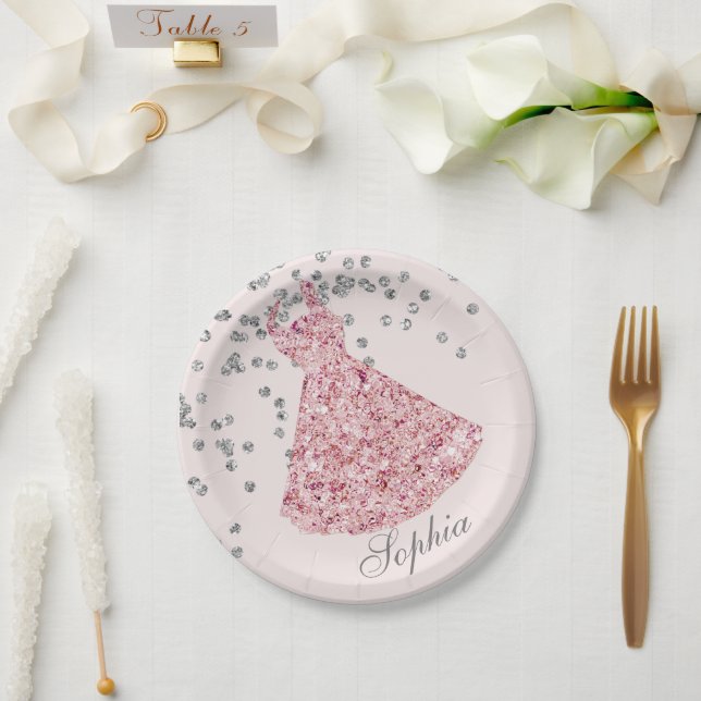 Sweet Sixteen Elegant Pink Sparkle Dress Modern Paper Plate (Wedding)