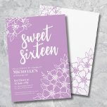 Sweet Sixteen Elegant Purple 16th Birthday Invitation<br><div class="desc">16th Purple Floral Sweet Sixteen Birthday Party Invitation. A fun but elegant 16th birthday party invitation with girly purple and white flower outlines. A playful flower pattern frames a script typography "sweet sixteen" mixed with a more classic serif font. Celebrate 16 years of life with this stylish beautiful botanical design....</div>