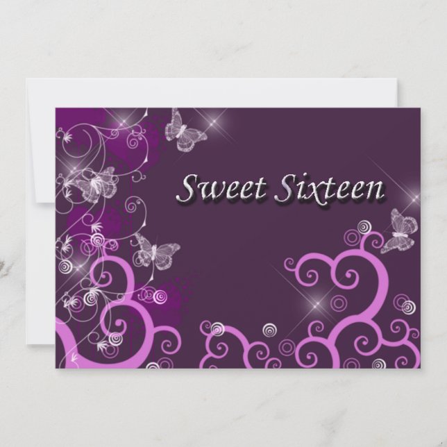Sweet Sixteen Elegant Swirls Butterflies Purple Invitation (Front)