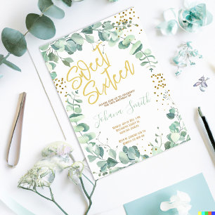 Sweet Sixteen Eucalyptus Gold Birthday Invitation