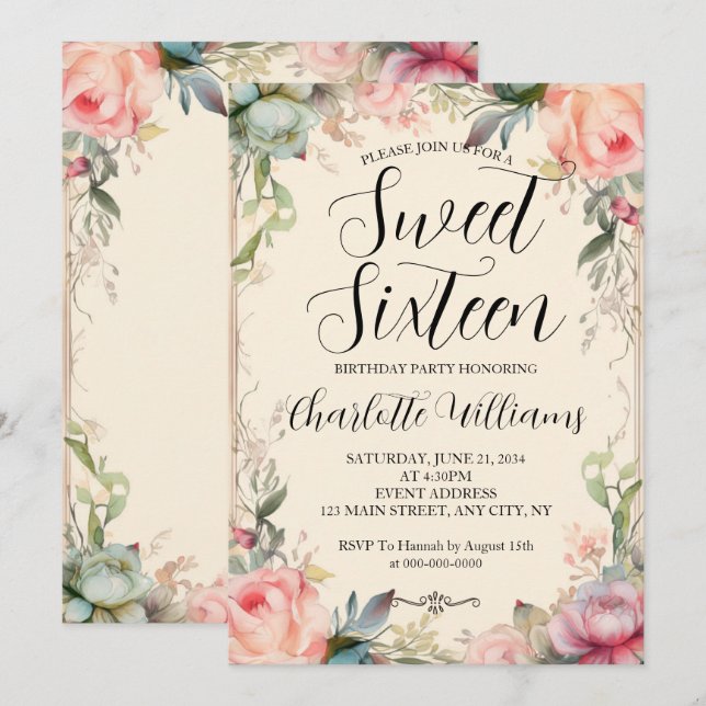 Sweet Sixteen Fairytale Floral 16th Birthday Invitation (Front/Back)