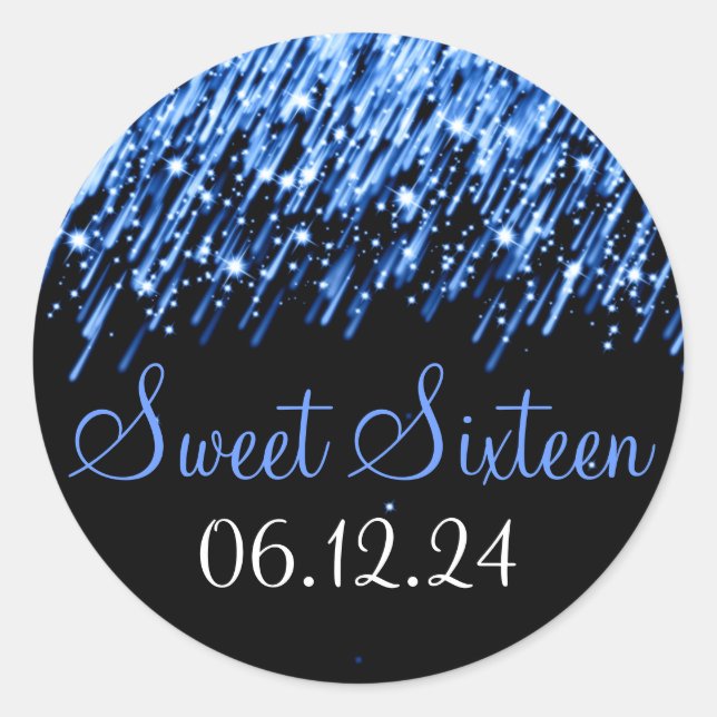Sweet Sixteen Favour Falling Stars Blue Classic Round Sticker (Front)
