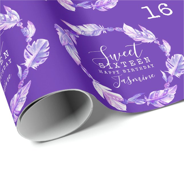 Sweet sixteen feathers and beads purple watercolor wrapping paper (Roll Corner)