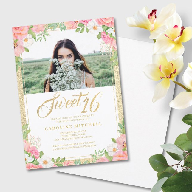 Sweet Sixteen Floral Elegant Rose Tulip Pink Photo Invitation (Creator Uploaded)