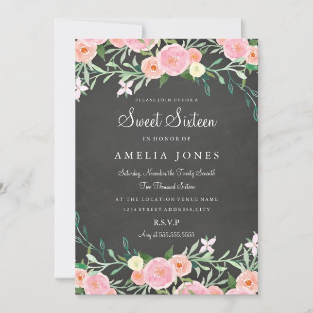 Sweet Sixteen Flower Chalkboard Pink Invite (Front)
