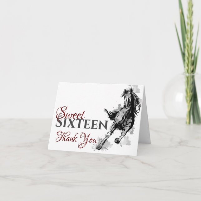 Sweet Sixteen Galloping Horse Sketch Birthday Thank You Card (Front)