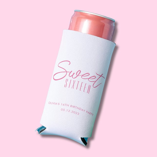 Sweet Sixteen Girls pink 16th birthday party Seltzer Can Cooler (Sweet Sixteen 16th Sixteenth girls birthday party
can cooler in black and pink. Full range available)