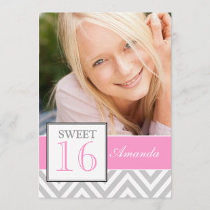 SWEET SIXTEEN GIRLY PINK GRAY CHEVRON PATTERN INVITATION