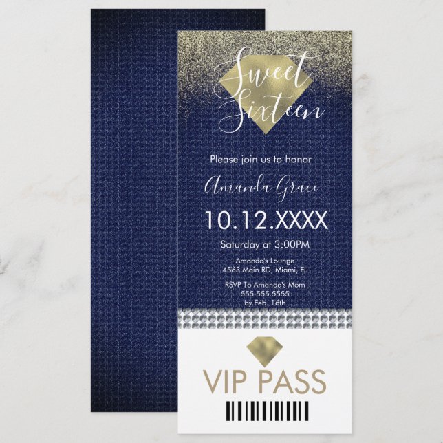 Sweet Sixteen Gold Denim Diamonds Glitter Invitation (Front/Back)