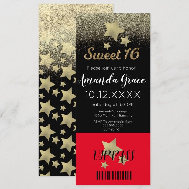 Sweet Sixteen Gold Glitter Movie Star Red Carpet  Invitation (Front/Back)