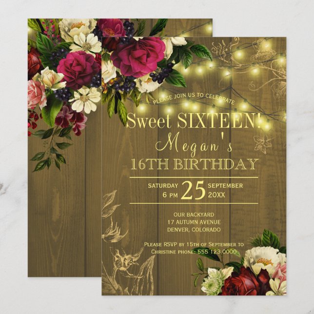 Sweet sixteen gold lights wood floral autumn fall invitation (Front/Back)