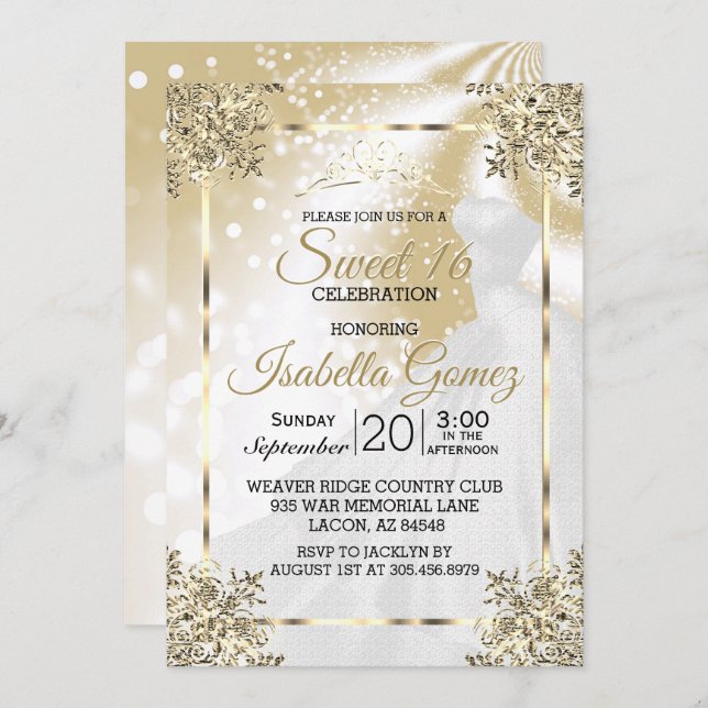 Sweet Sixteen Gold with Princess Gown Invitation (Front/Back)