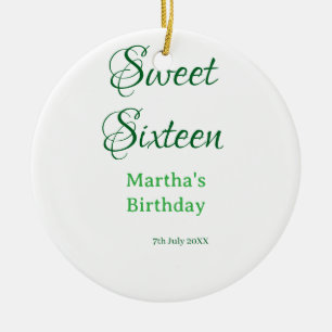 Sweet Sixteen green name date calligraphy boho ret Ceramic Tree Decoration