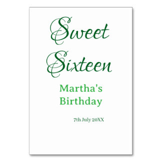 Sweet Sixteen green name date calligraphy boho ret Table Number