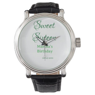 Sweet Sixteen green name date calligraphy boho ret Watch
