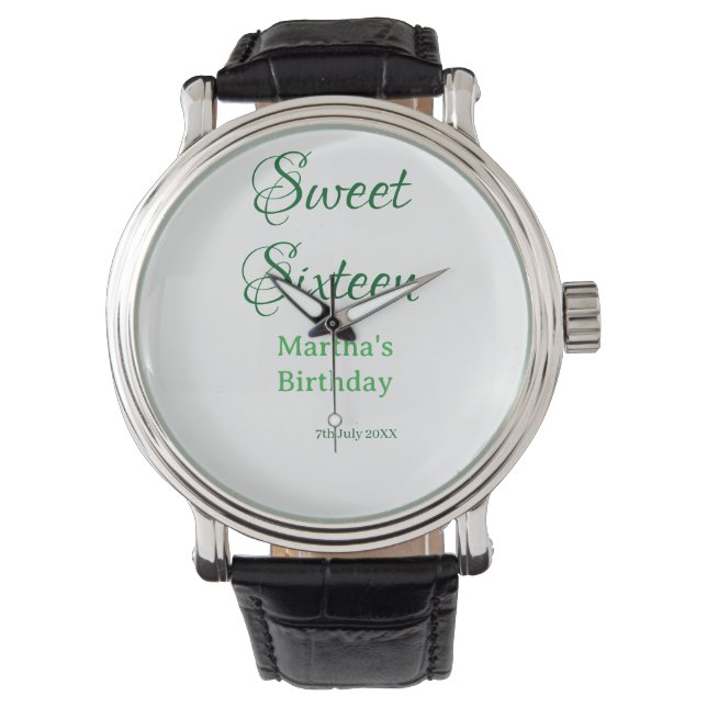 Sweet Sixteen green name date calligraphy boho ret Watch (Front)