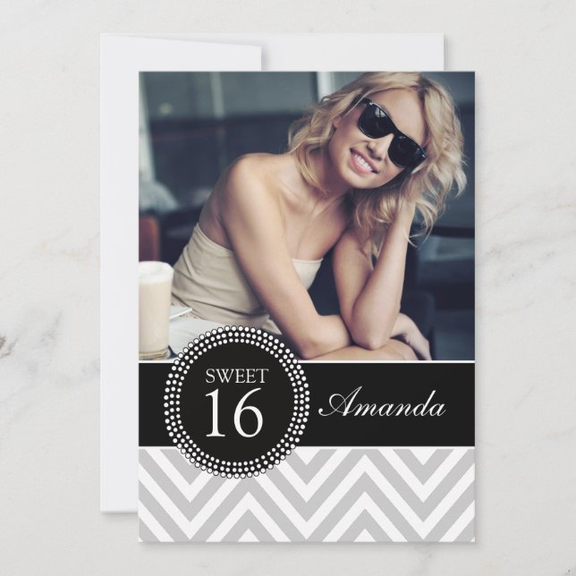 SWEET SIXTEEN GREY ZIG ZAG CHEVRON PATTERN INVITATION (Front)