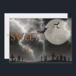 Sweet Sixteen Halloween Birthday Party Invitation<br><div class="desc">Scary Sweet Sixteen Birthday Party Invitation. Halloween theme with  black bats and a full moon over a dark and creepy graveyard. The lettering is a metallic look orange with a glow effect. Font on reverse can be customized to your needs.</div>