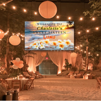 Sweet Sixteen Hawaiian Luau Tropical Beach Flowers Banner