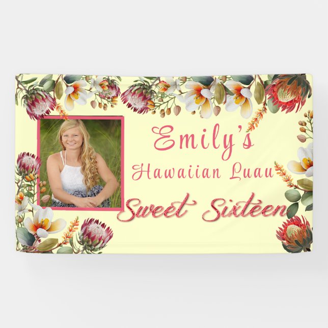 Sweet Sixteen Hawaiian Luau Tropical Flowers Banner (Horizontal)