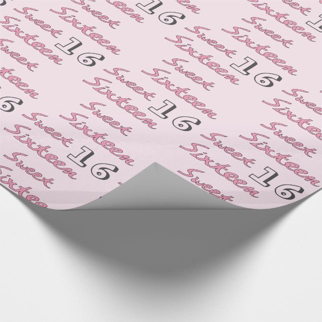 Sweet Sixteen in Pink with Number 16 on Light Pink Wrapping Paper (Corner)
