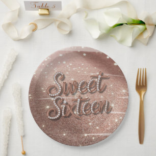 Sweet Sixteen In Rose Gold and Pearls Paper Plate