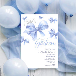 Sweet Sixteen Invitation, Blue Bow  16th Birthday Invitation