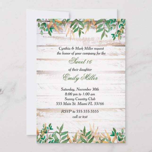 Sweet Sixteen Invitation Greenery Rustic (Front)