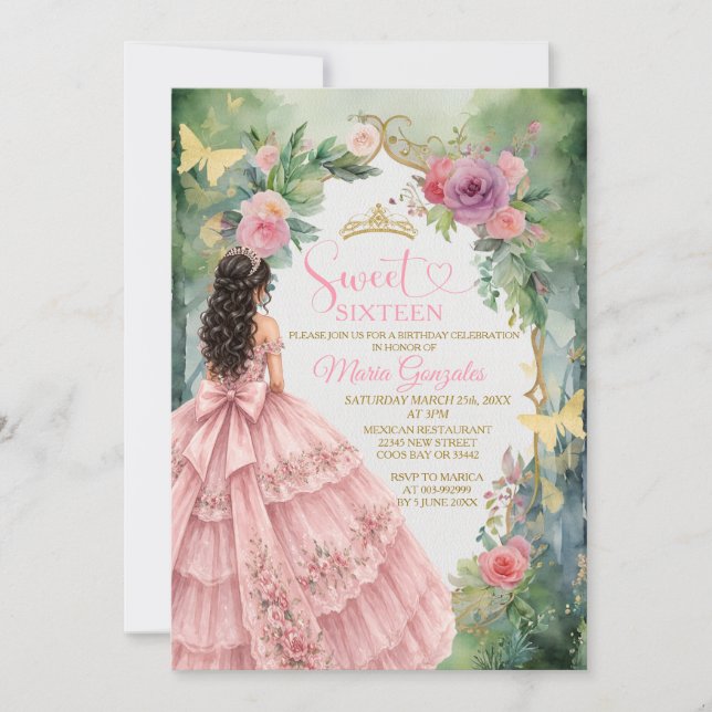 Sweet Sixteen Invitation Pink Floral Garden (Front)