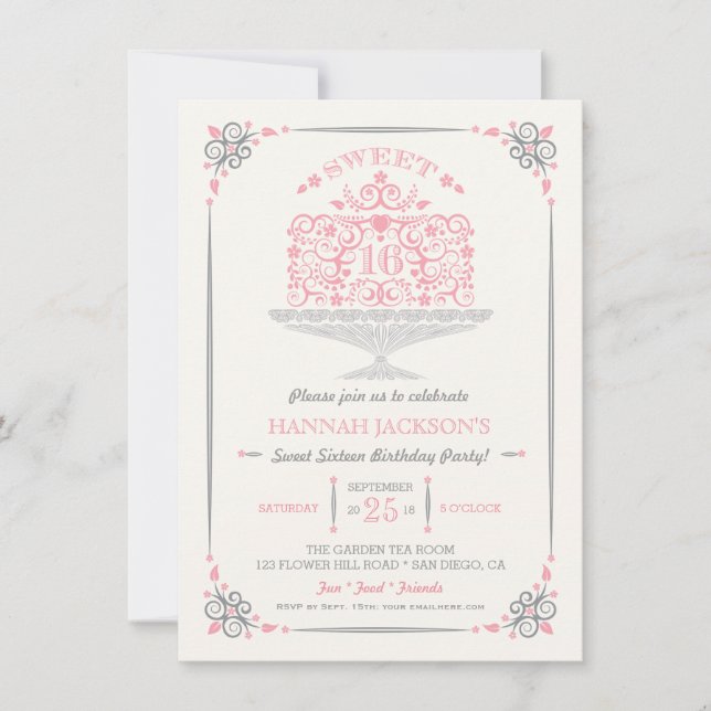 Sweet Sixteen Lacy Birthday Cake Invitation (Front)
