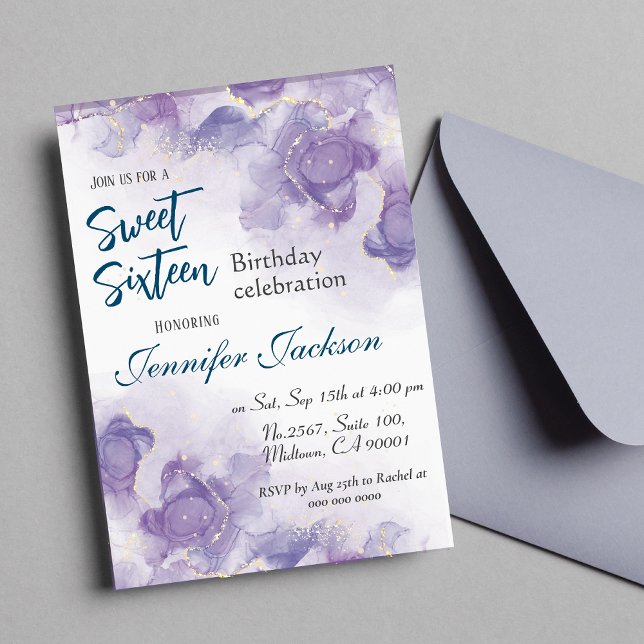 Sweet Sixteen lavender blue purple floral birthday Invitation (Creator Uploaded)