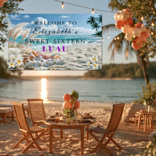 Sweet Sixteen Luau Tropical Plumeria Beach Shells Banner