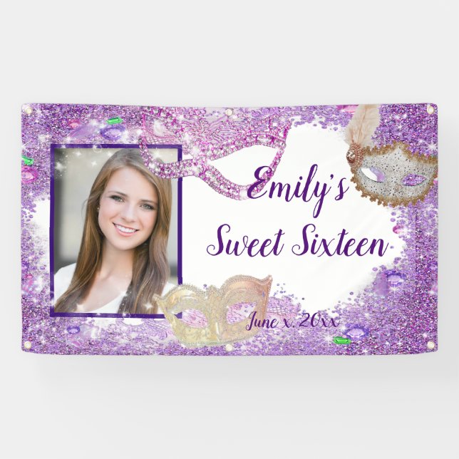 Sweet Sixteen Masquerade Purple Glitter Banner (Horizontal)