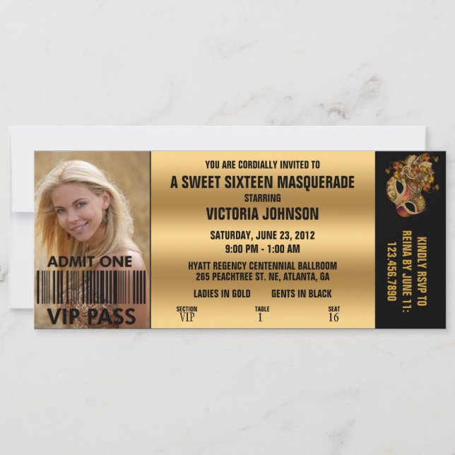 Sweet Sixteen Masquerade VIP Admission Ticket Invitation (Front)
