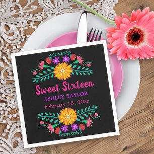Sweet Sixteen Mexican Fiesta Black and Pink Floral Napkin