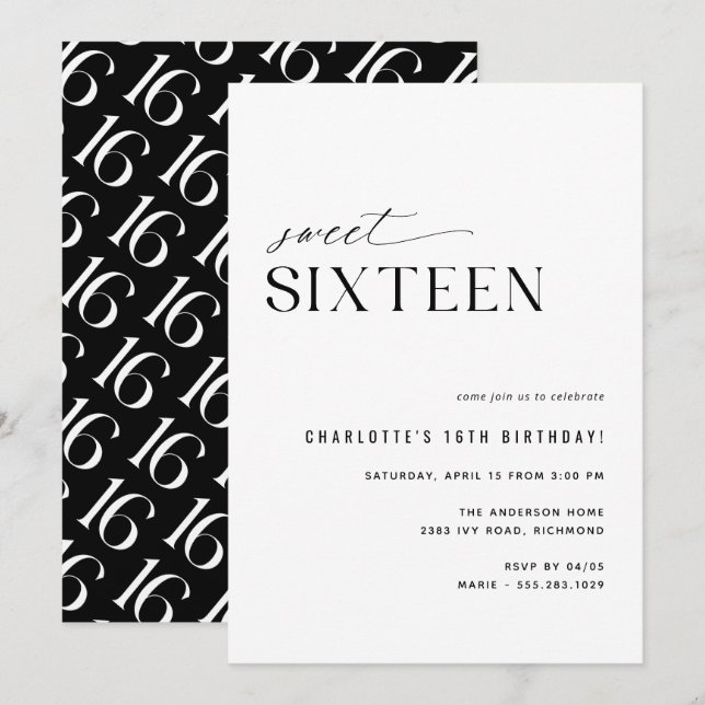 Sweet Sixteen Modern Black and White 16th Birthday Invitation (Front/Back)