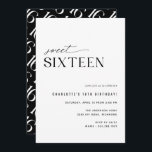 Sweet Sixteen Modern Black and White 16th Birthday Invitation<br><div class="desc">Modern-minimal style 16th birthday invitations with an off-centre design. Sleek black and white colour scheme with a fun pattern on the back. (Reverse side pattern can be removed,  if desired,  by using the design tool.)</div>
