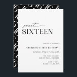Sweet Sixteen Modern Black and White 16th Birthday Invitation<br><div class="desc">Modern-minimal style 16th birthday invitations with an off-centre design. Sleek black and white colour scheme with a fun pattern on the back. (Reverse side pattern can be removed,  if desired,  by using the design tool.)</div>