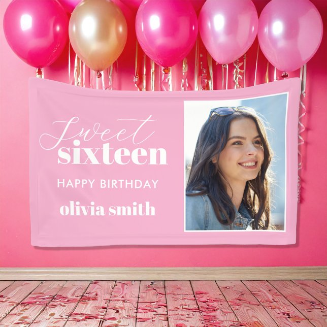 Sweet Sixteen Modern Pink 16th Birthday Photo Banner (Creator Uploaded)