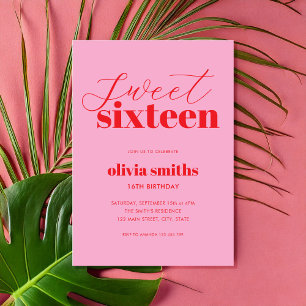 Sweet Sixteen Modern Pink Red 16th Birthday Invitation