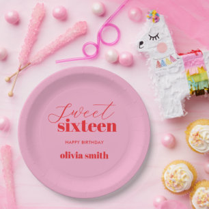 Sweet Sixteen Modern Pink Red 16th Birthday Paper Plate
